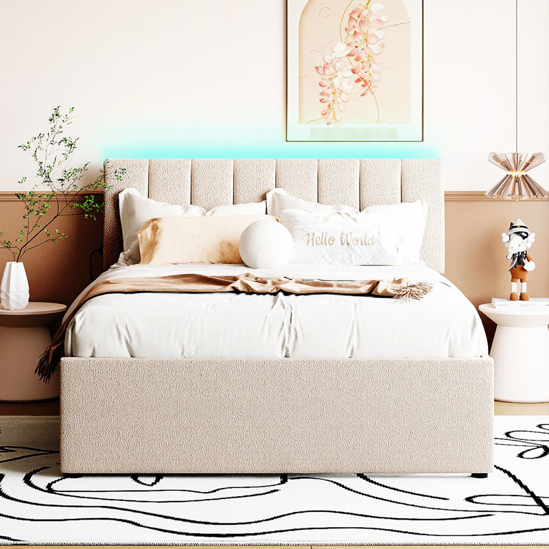 Lit plateforme tapissier avec lumières à DEL et matériaux beiges - lit gigogne simple Ambiance à utilisation à long terme pour créer une chambre à coucher romantique