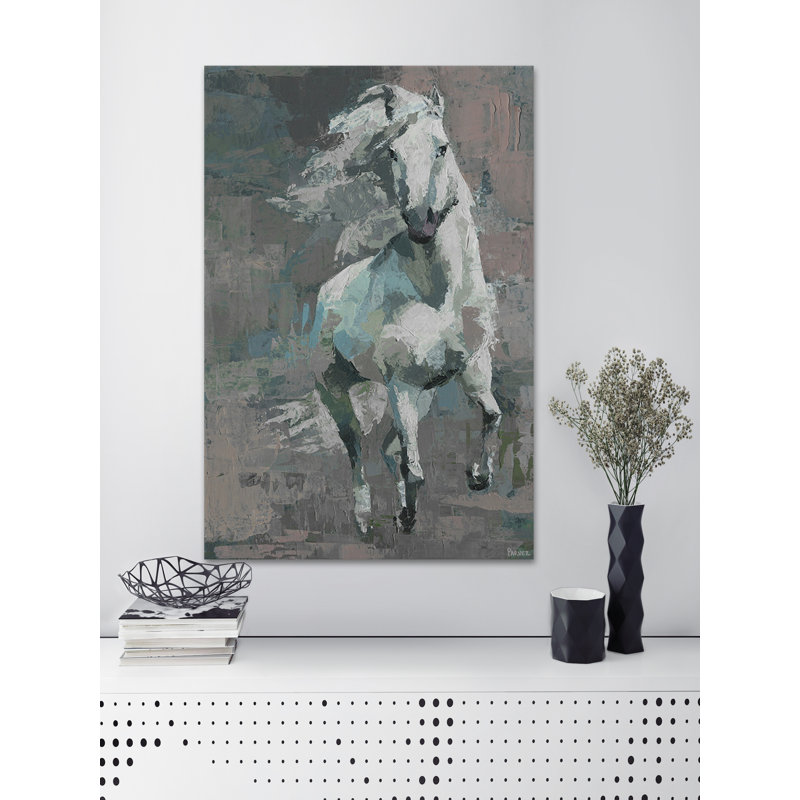 « running white cheval »-peinture sur toile tendue, H 12 po x l 8 po x P 1,5 po