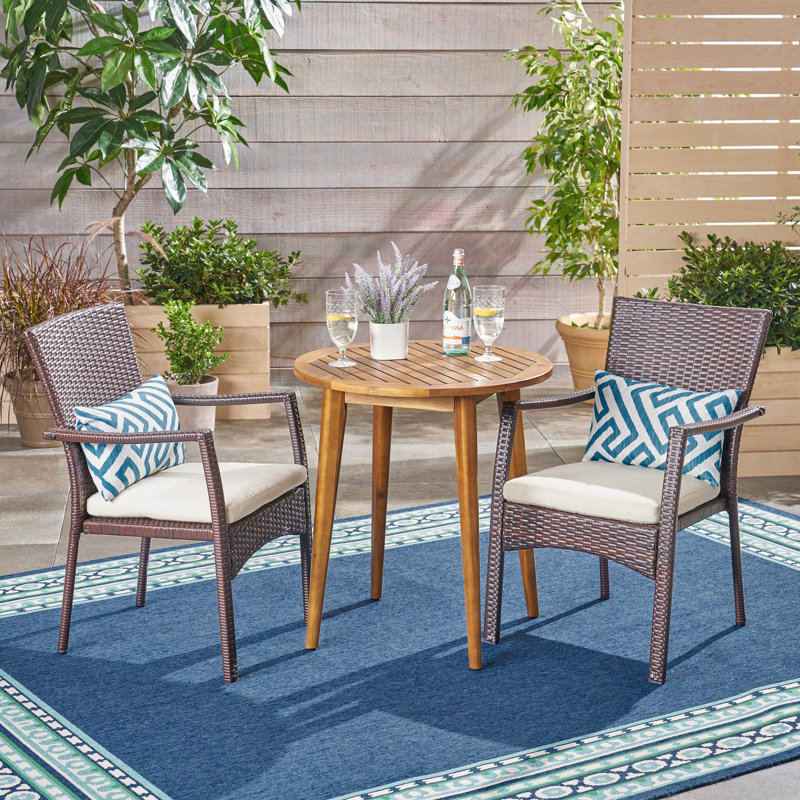 Ensemble bistro d'extérieur 3 pièces avec coussins, Teck / Cadre brun / Coussin crème
