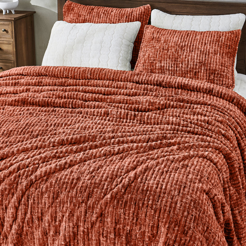 Burnt Orange Velvet Full Quilt Set with Embroidery