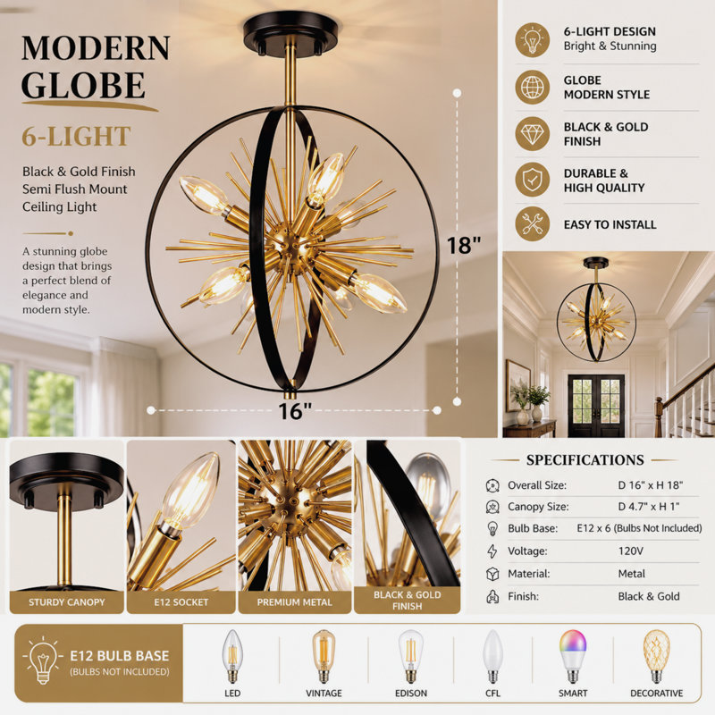 Devrick Large 6 - Light Sputnik Semi Flush Mount, Black