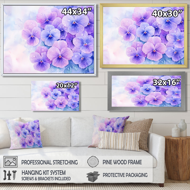 Morning Dew of Violets Flowers I - Violets, reproduction d'art murale, H 34 po x l 44 po, Brun