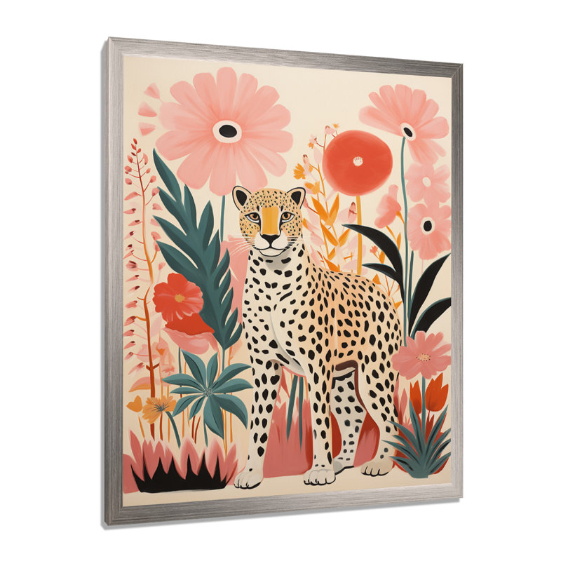 Vert et rose léopard, élégance tropicale III - Art mural léopard, Cadre simple argenté, H 20 po x l 12 po x P 1 po