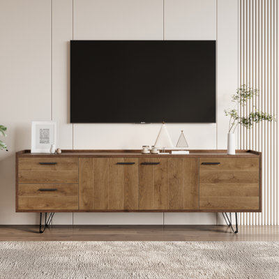 Meuble télé 70,86 po Mid-Century en noyer moderne avec 2 tiroirs et 3 portes, centre de divertissement avec tablettes fixes pour téléviseur de 80 po ou moins