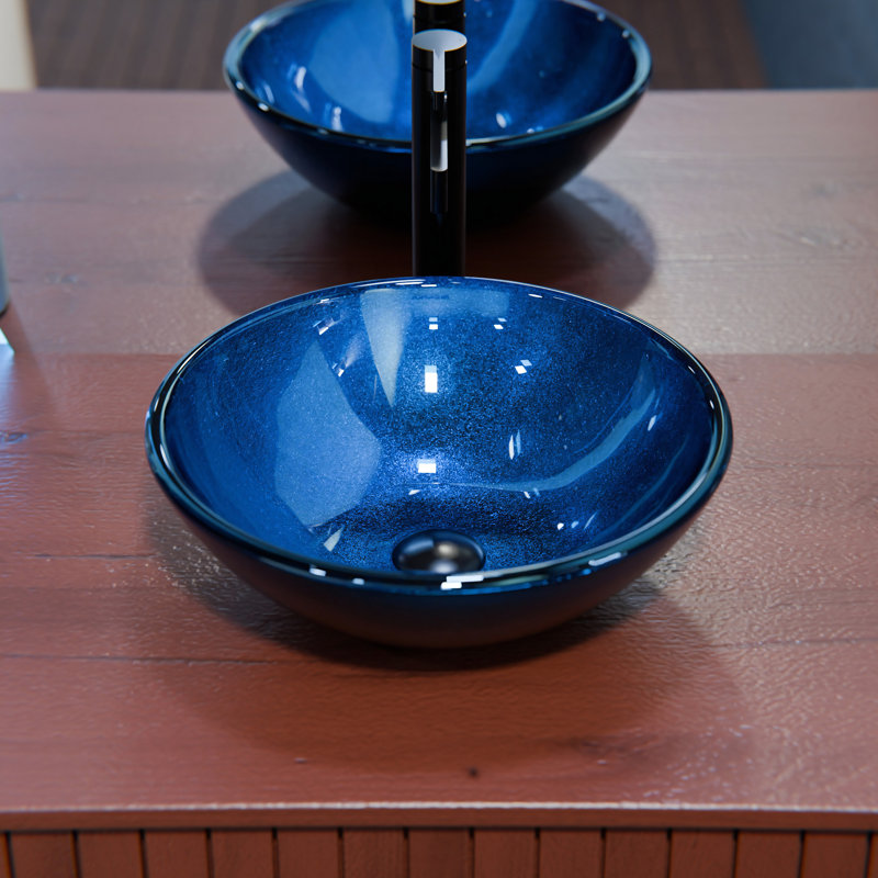 Novatto 16.5'' Blue Glass Circular Bathroom Sink, Brushed Nickel