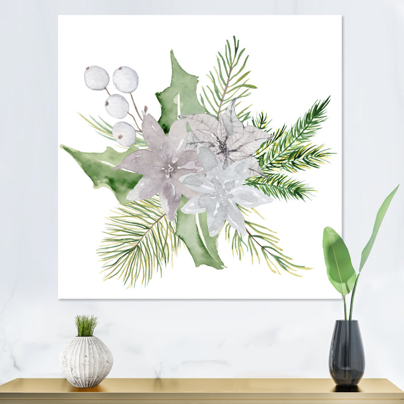 Bouquet de Noël floral avec coton, branches I - reproduction d'art sur toile traditionnelle, H 36 po x l 36 po, Toile tendue