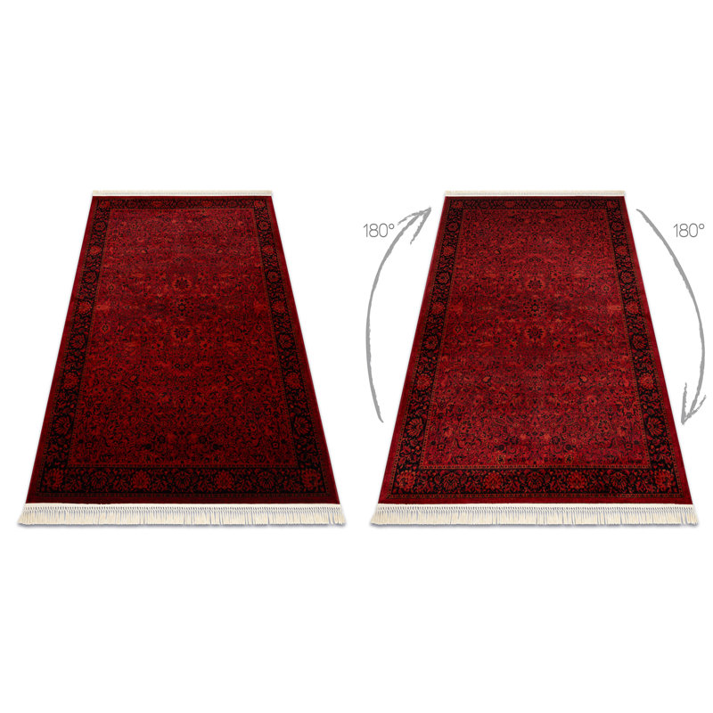 Luca 5125 – Elegant rug with fringes in burgundy & black – Classic Lucaal rug with ornamental & frame pattern
