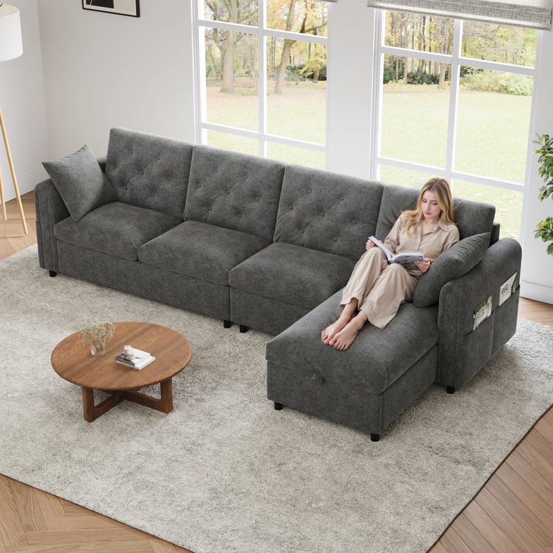 4 Seater Chenille Sofa & Chaise, Grey