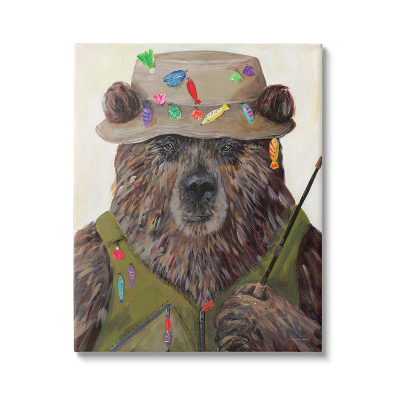 Tenue de pêcheur, grizzly brun, mât de pêche par Kamdon Kreations - Peinture, H 40 po x l 30 po x P 1,5 po, Toile tendue