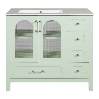 Armoire de salle de bain 36 po avec portes à texture gaufrée, meuble-lavabo avec quatre tiroirs et deux portes à fermeture en douceur, rangement de salle de bain avec portes en verre