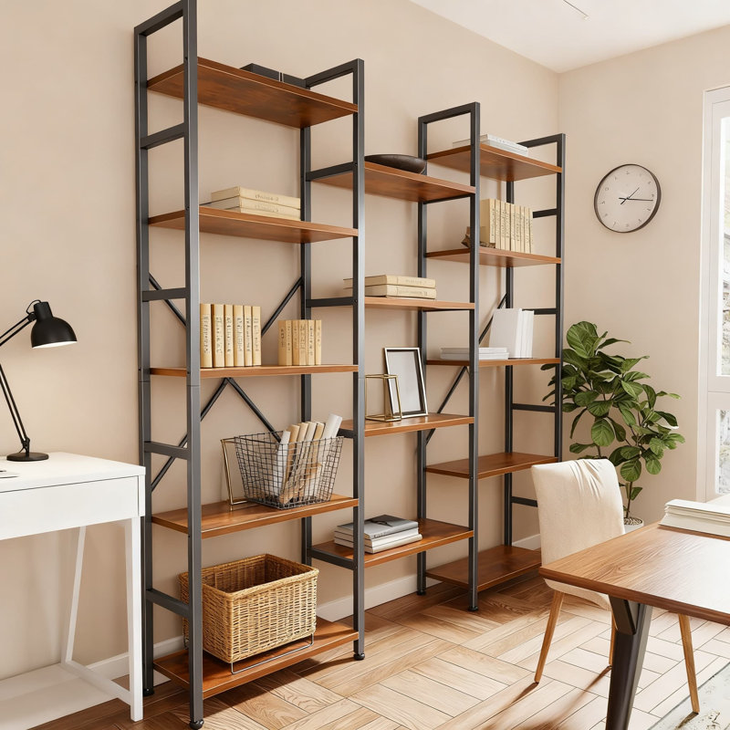 5-Tier Ladder Bookshelf With 14 Adjustable Shelves, Wide Storage Bookcase For Home Office, Durable, Brown