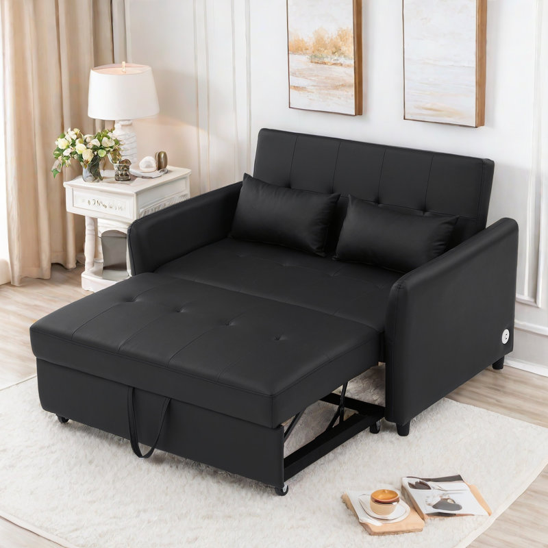 Canapé-lit Lennie avec ports USB, poignée portative, dossier réglable et 2 coussins, Noir, noir, noir, noir