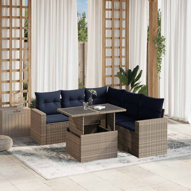  Ensemble de canapé de patio 6 pièces avec coussins en rotin de polyester noir, Marine, Gris