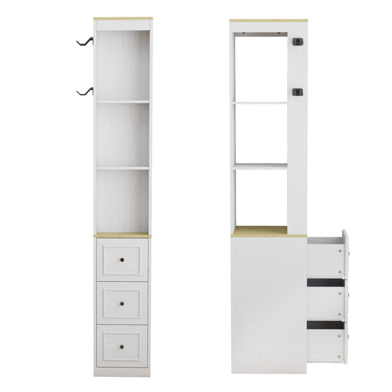 Armoire de rangement haute 73 po, armoire de rangement multimédia à 3 niveaux avec 3 tiroirs et 2 crochets, étagères de rangement pour bibliothèque, armoire de rangement pour CD, DVD et console de jeu - blanc antique