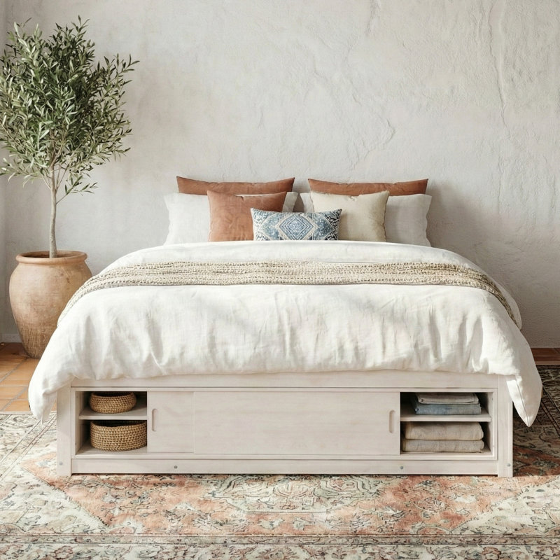 Queen Size Platform Bed Frame with 4 Storage Drawers & Footboard Storage Cubby, No Headboard, Modern Space-Saving, White