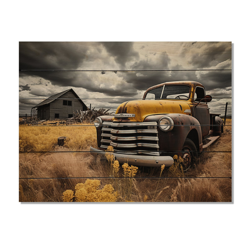 Camionnette jaune, voyage rustique I sur bois, H 10 po x l 20 po x P 0,78 po