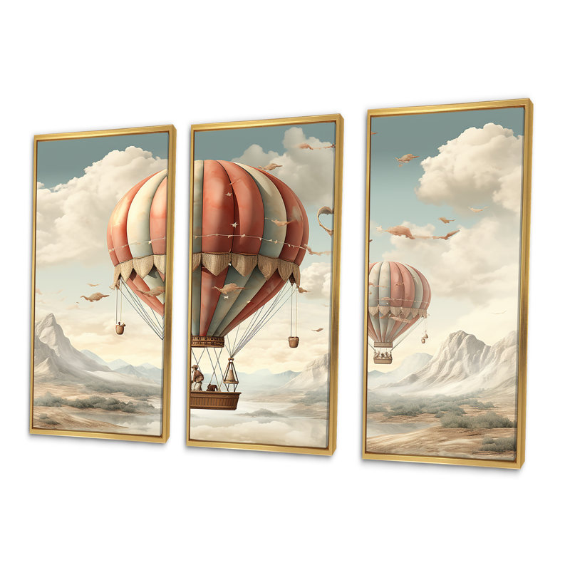 «A Playful Hot Air Balloon Bliss II» - ensemble d'art mural à montgolfière, Cadre flottant doré, H 28 po x l 36 po x P 1 po