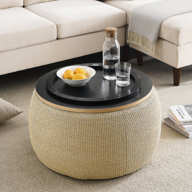 Repose-pieds rond avec rangement, fonction 2 en 1, table de bout et repose-pieds, Naturel