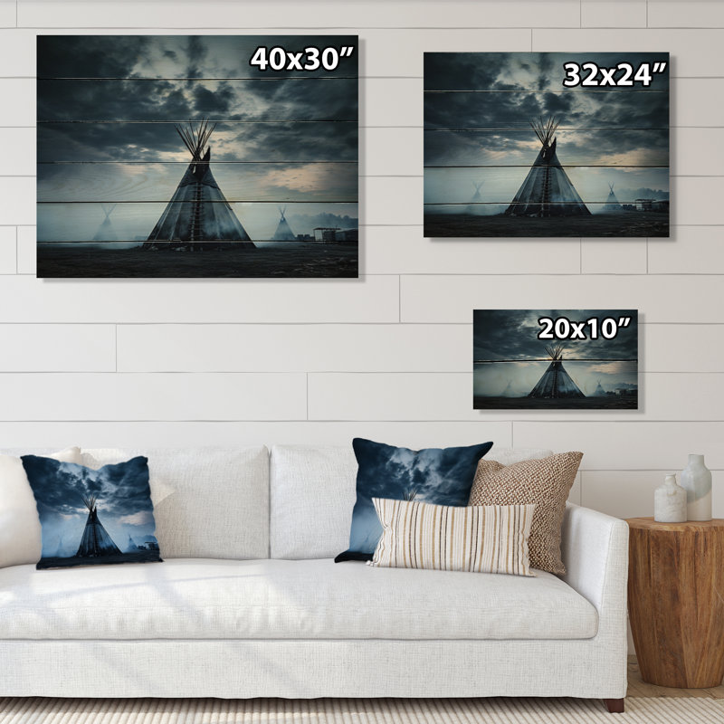 Tipis bleus natifs de l'esprit sur impression sur bois, H 24 po x l 32 po x P 0,78 po