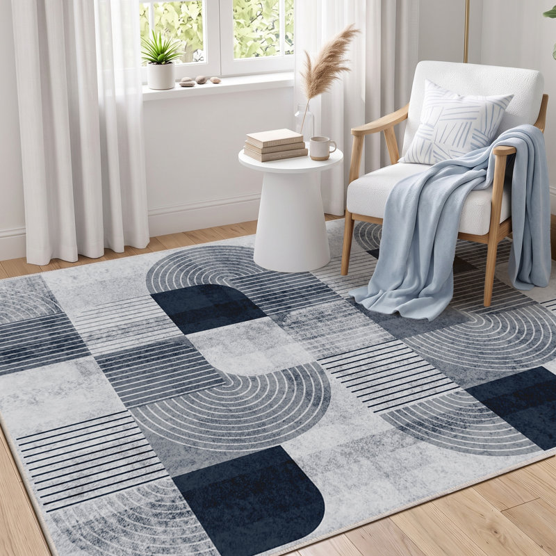 Tapis lavable de 152 x 213 cm pour salon, antidérapant, style bohème moderne, Gris-bleu, Rectangle 5 pi x 7 pi