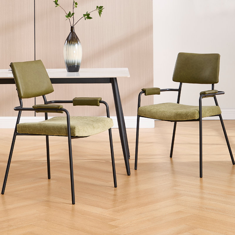 Modern Upholstered Dining Chairs With Backrest And Armrest, With Metal Frame, For Dining Room/Living Room, Chenille Green
