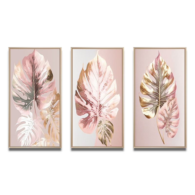 «Feuille II», 3 pièces sur toile, Cadre naturel flottant, H 28 po x l 36 po