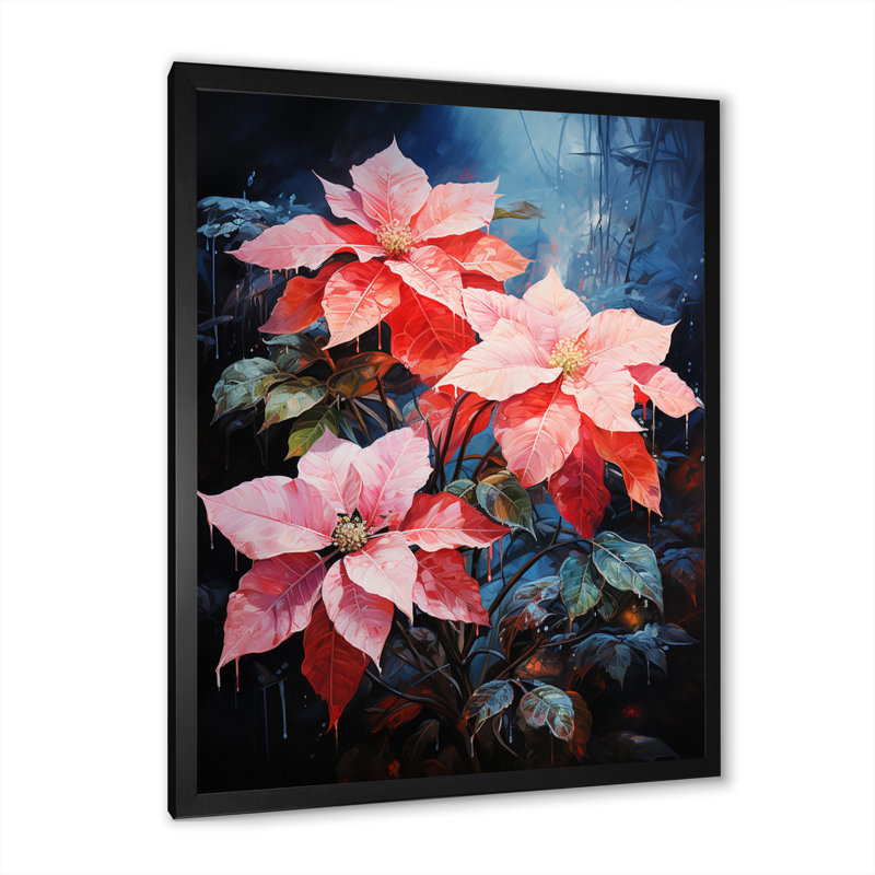 «Dariga Red Blue Poinsettias Winter I», reproduction sur toile, H 20 po x l 12 po x P 1 po, Cadre photo noir