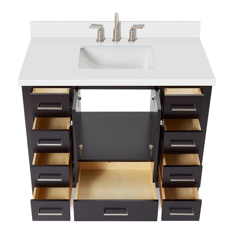 Cambridge X P 22 po P 36 po Coiffeuse en H avec comptoir en quartz blanc avec lavabo, Rectangular, Espresso / nickel brossé