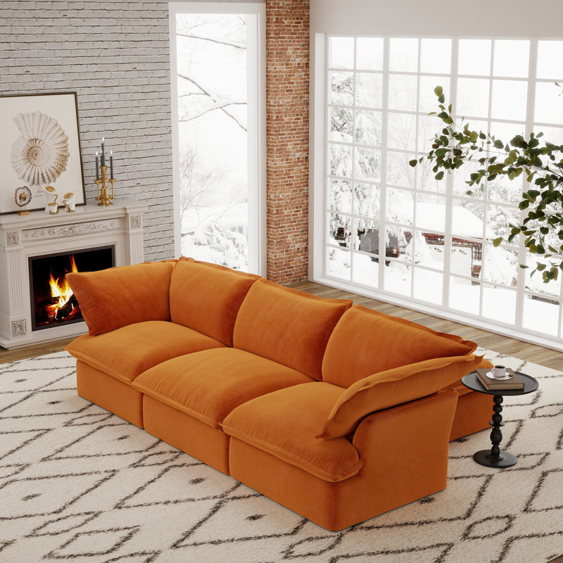 Canapé modulaire rembourré en lin avec repose-pieds 5 pièces Fairford, Orange