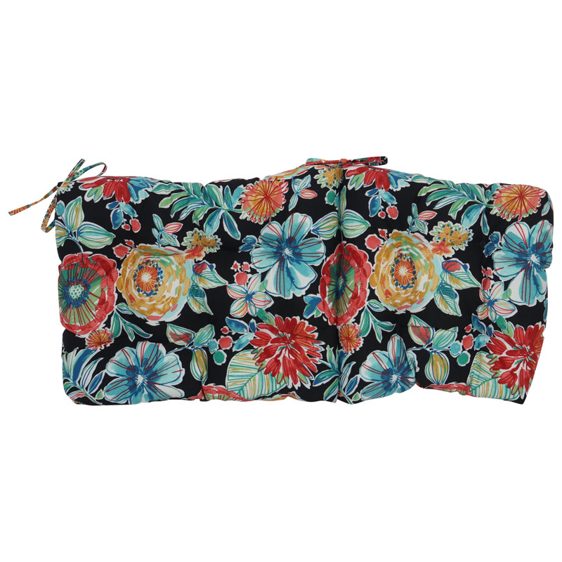 Outdoor Tufted Seat/Back Chair Cushion, Black/Colsen Noir Floral, 18" W x 18" D