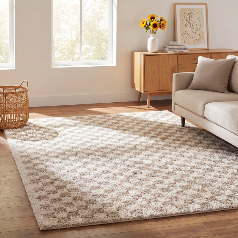 Walker Beige Checkered Shag Area Rug, Rectangle 5'2" x 6'11"