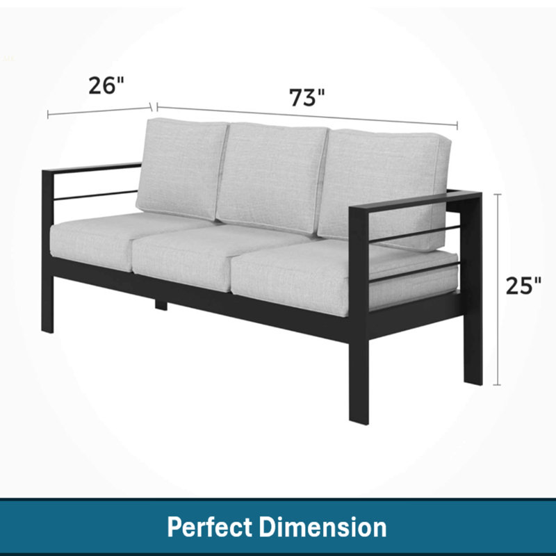73" All-Weather Aluminum Patio Sofa, 3 Seat Outdoor Couch With Thick Light Gray Cushions & Black Frame, Gray, Black