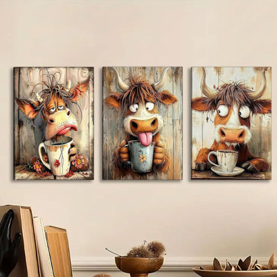 3 pièces drôle de vache toile art humoristique rêve de vache buvant du café décoration murale photos ludique campagne animaux de compagnie affiches impressions pour salon chambre à coucher chambre d'enfant salle de bain décoration