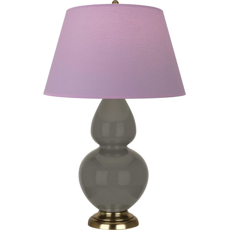 Lampe de table double gourde en céramique, Thé vert / taupe, Bois de frêne verni / laiton, Laiton