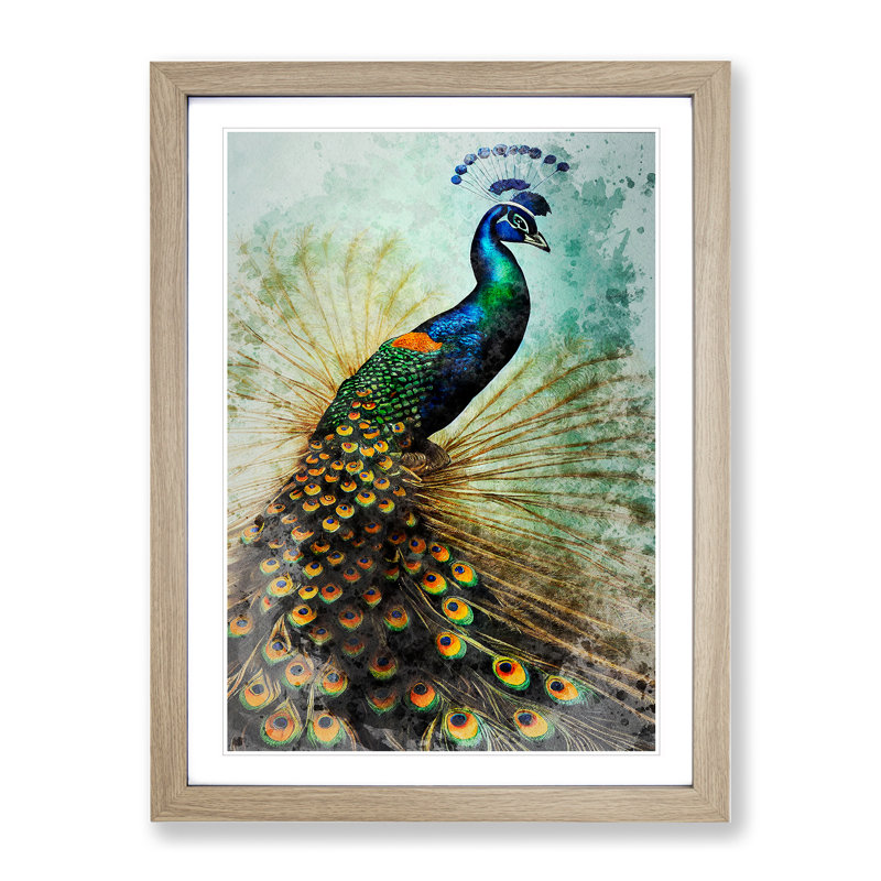 Peacock No.2 - Single Picture Frame Painting, 34cm H x 25cm W x 2cm D, Oak Framed