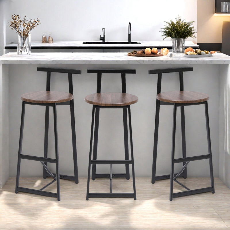 Set Of 3 Bar Stools With Backrest, Footrest And Metal Frame
