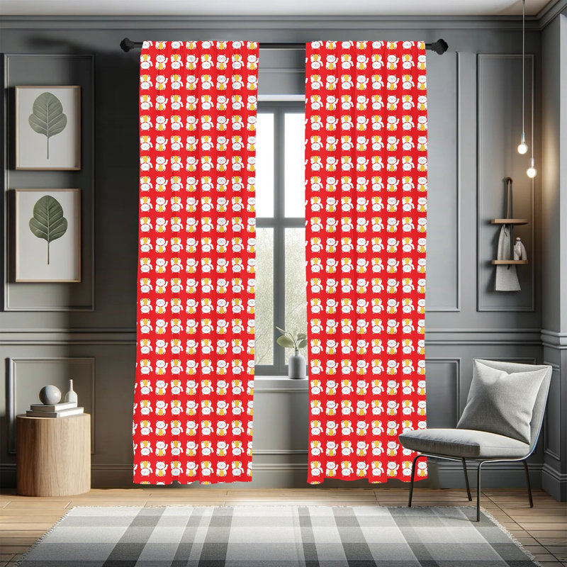 Japanese Cat Semi-Sheer Rod Pocket Curtain Panels, 28" x 84"