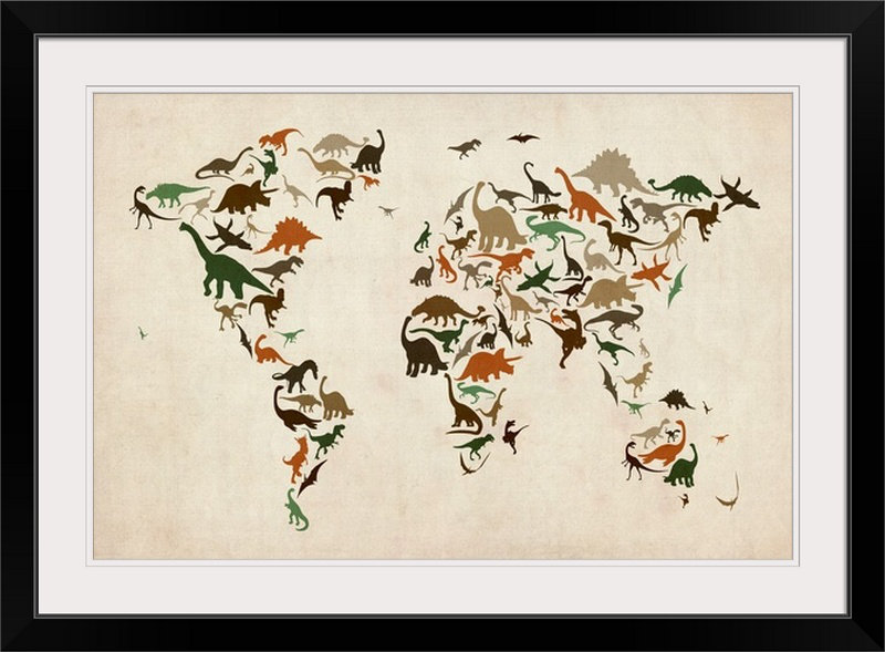 «Dinosaur Map of the World» par Correen, impression, H 28 po x l 38 po x P 1 po, Cadre noir