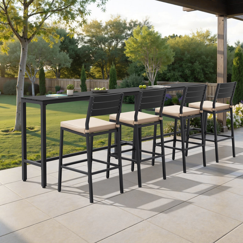 4 - Person Metal Patio Dining Set With 110.24'' in W Rectangular Bar Table , Cushions Included, Beige, Black