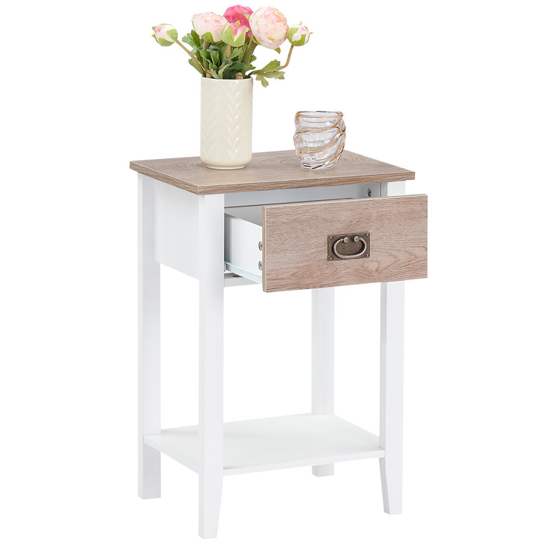 Table de chevet en acier à 1 tiroir Miramontes, Ensemble de 2, Blanc / Chêne
