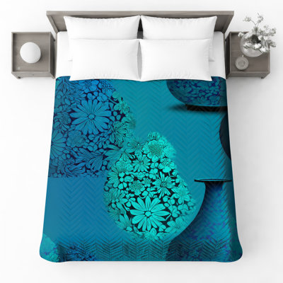 Floral Blue Vases Quilted Bedspread 