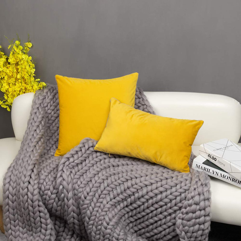 Housse de coussin en velours uni, Jaune, H 12 po x l 20 po