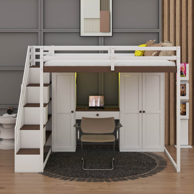 Full Size Loft Bed With Storage Steps, In-Built Dressing Table With Mirror And Compartment, Closet & Cupboards, USB Charging And Lighting