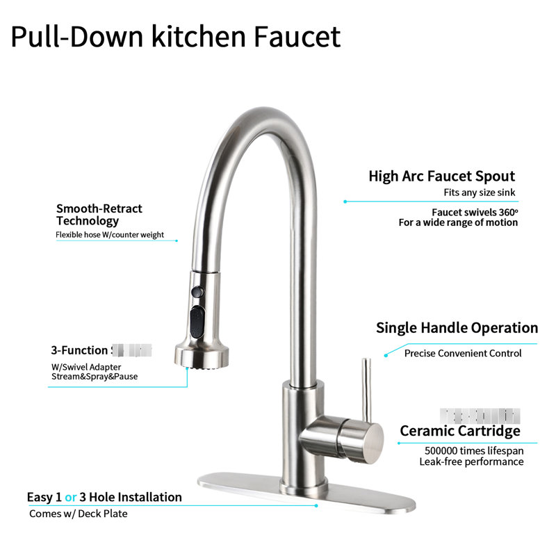 Stainless Steel Pull Down Kitchen Faucet With Soap Dispenser In Brushed Nickel - To Scratches, Rust, And Spots, 360 Swivelable Hose Scratches Spot , Rotate
