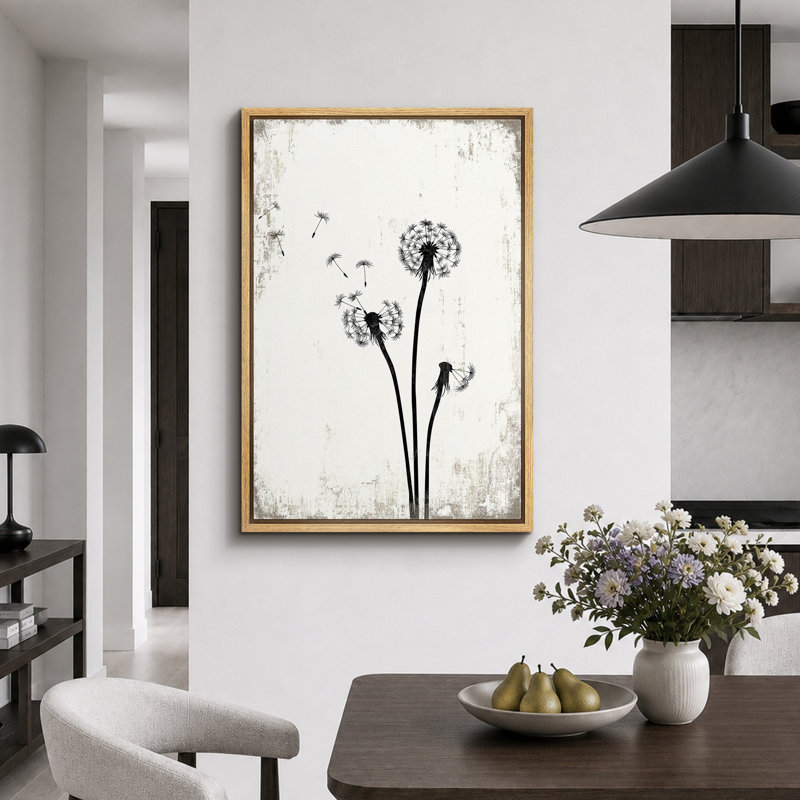Pissenlit «Simple Whimsy Flying Dandelion, H 24 po x l 16 po, Toile encadrée, Naturel