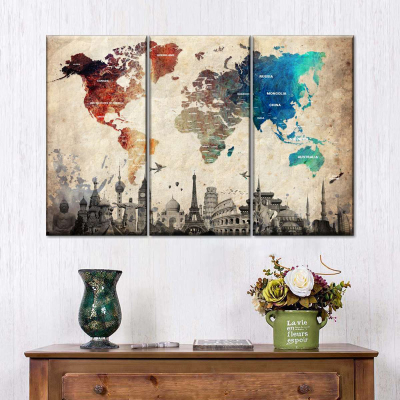 Abalone coloré, ensemble de 3 cartes du monde sur toile, H 48 po x l 74 po x P 1,25 po