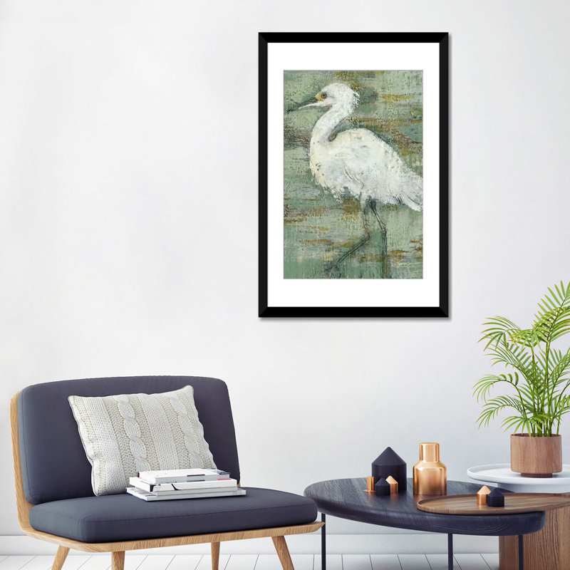 «Textured Heron I» par Jennifer Goldberger - reproduction sur toile tendue sur châssis, H 24 po x l 16 po x P 1 po, Blanc