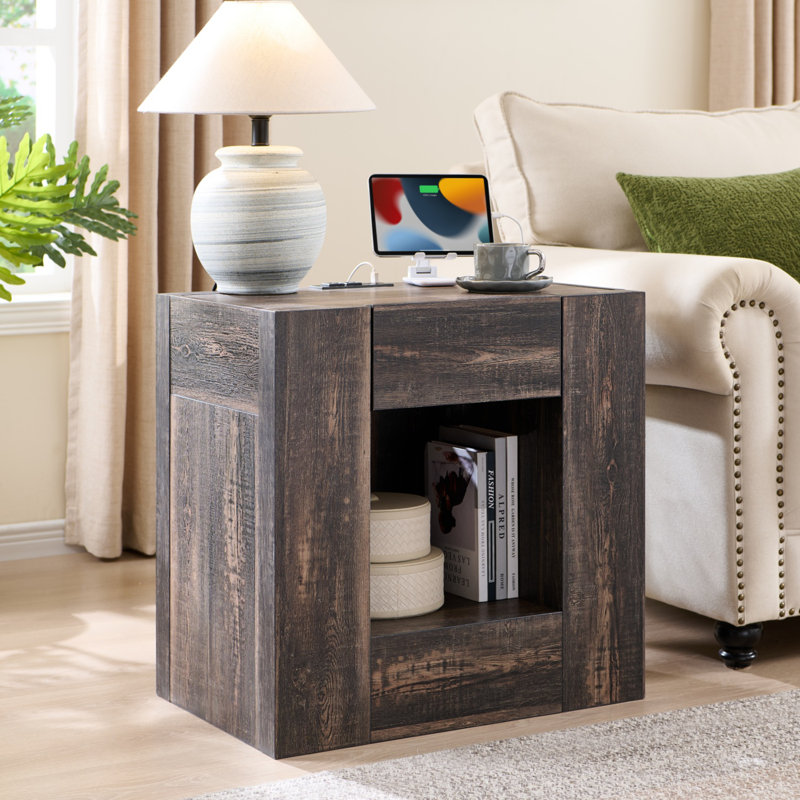 Modern Nightstand With Charging Station, 24" Large Bedside Table With Drawers & Open Shelf，night Stand Wood Thick Design