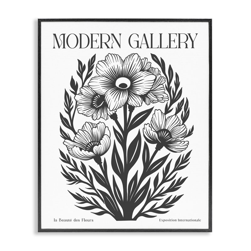 Fleurs avec fougères courbées, estampe numérique encadrée, H 20 po x l 16 po, Giclée encadrée noir minuit