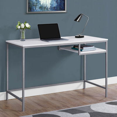 Contemporary White Laminate Computer Desk With Grey Metal Legs, Spacious Top And Open Storage For Modern Home Offices.